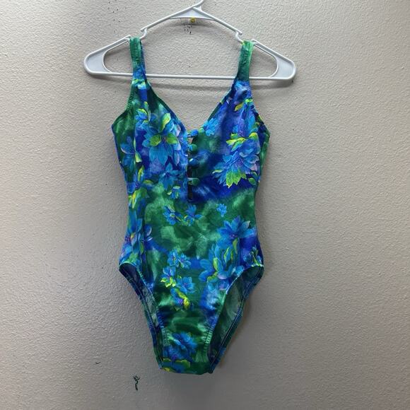 Vintage 1970s 1980s Mainstream Floral Blue One Piece Swim Suit Cheeky Bathing 8 - Picture 1 of 8